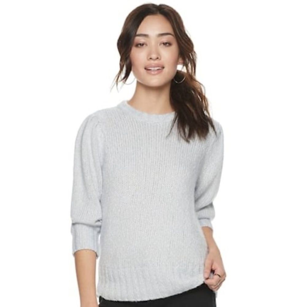 Popsugar Puff Sleeve Sweater Knit Crewneck Sparkly Blue